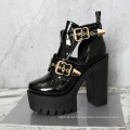 2019 Women Punk Rivet Boots Super High Thick Heel Platform Patent Leather Sandals